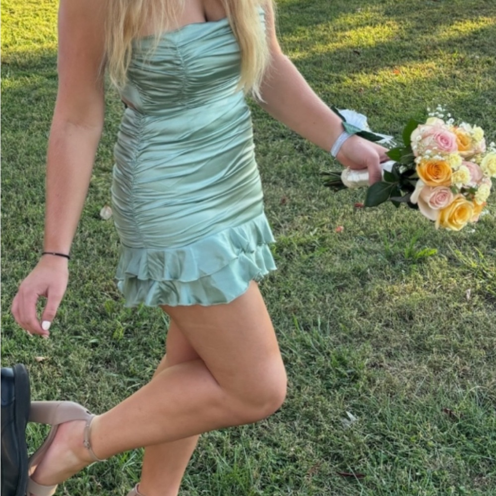 Lucy in the Sky Strapless Light Green Dress homecoming dress
